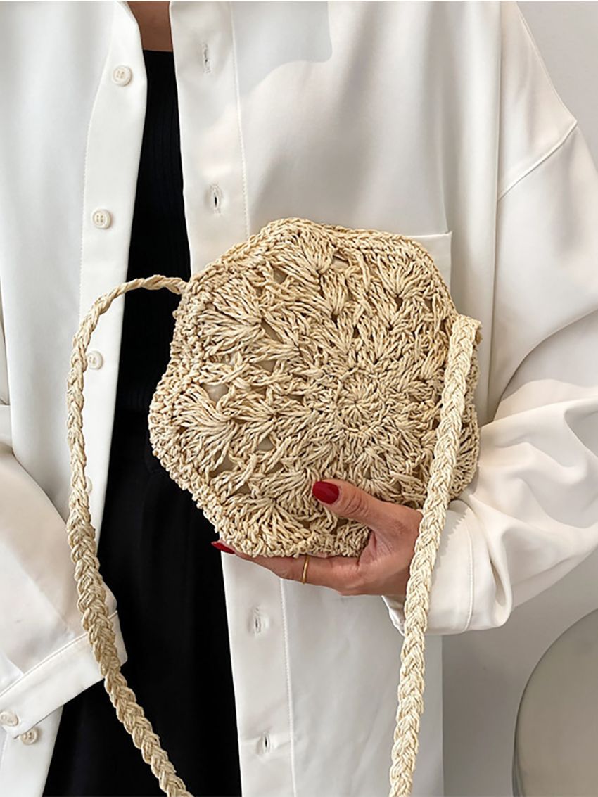 Mini Straw Bag Hollow Out Khaki For Vacation
