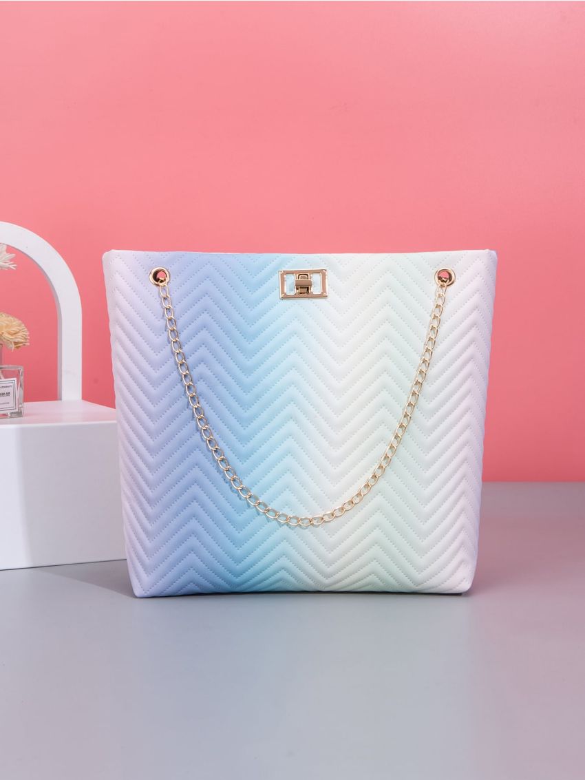 Ombre Chevron Detail Twist Lock Chain Shoulder Tote Bag
