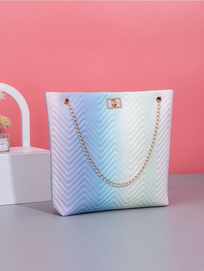 Ombre Chevron Detail Twist Lock Chain Shoulder Tote Bag