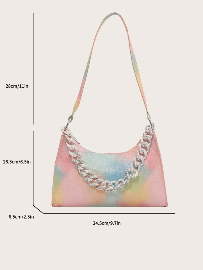 Top Handle Chain Colorblock Baguette Bag
