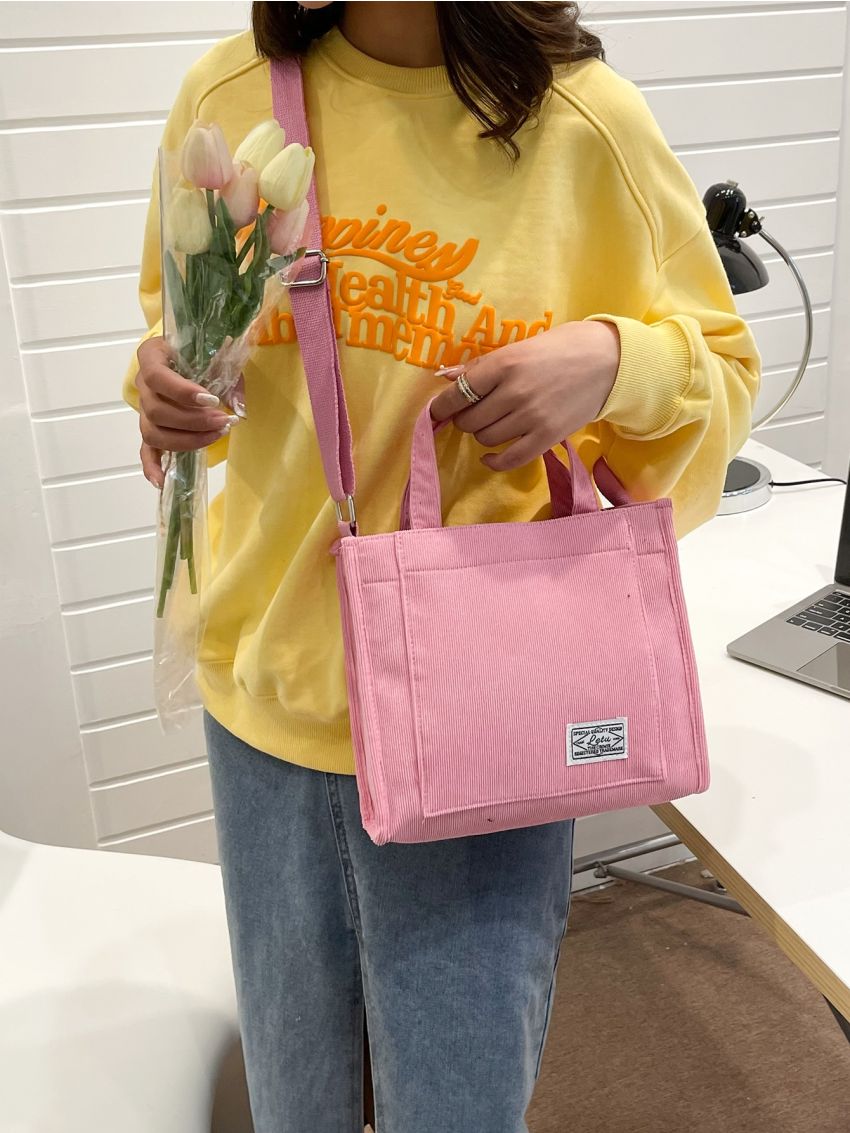 Letter Patched Detail Corduroy Square Bag