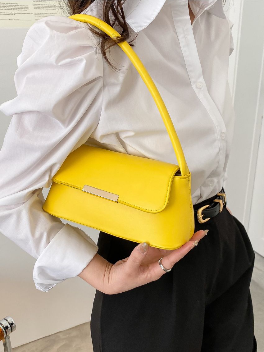 Metal Lock Design Flap Baguette Bag