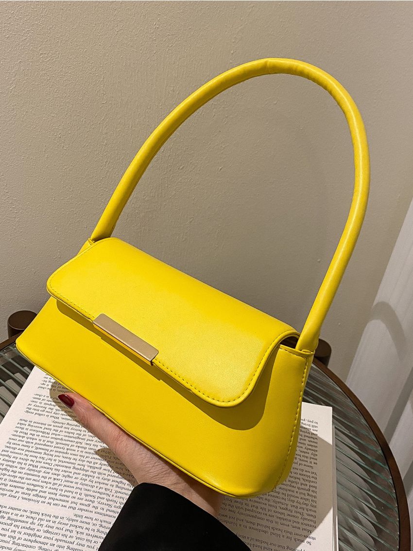 Metal Lock Design Flap Baguette Bag