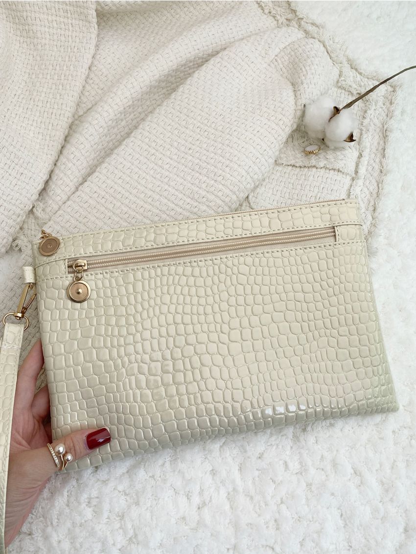 Crocodile Embossed Square Bag With Wristlet