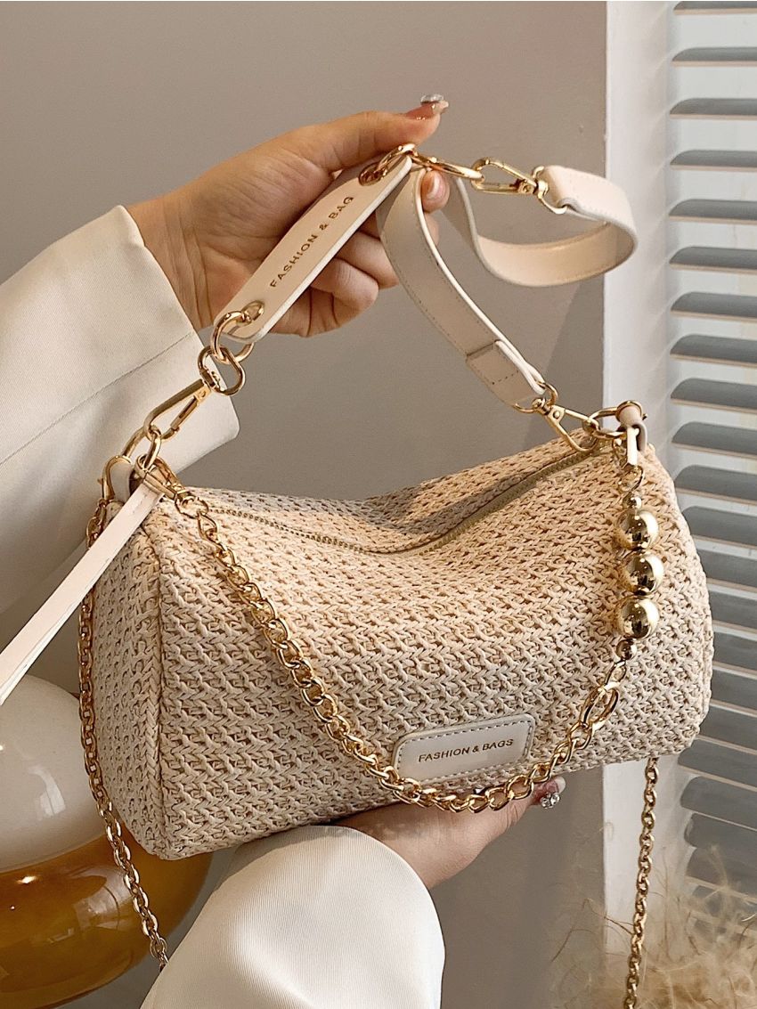 Letter Patched Detail Chain Straw Bag