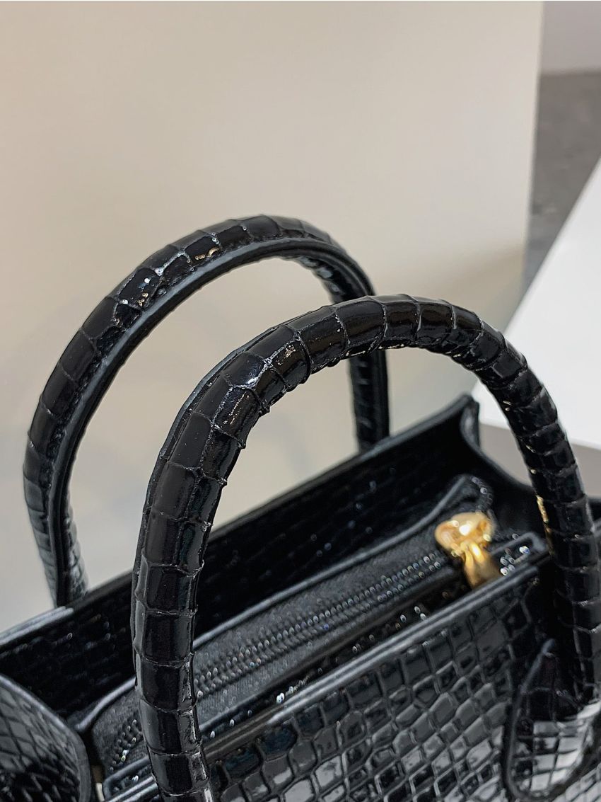 Mini Snakeskin Embossed Double Handle Square Bag With Coin Purse