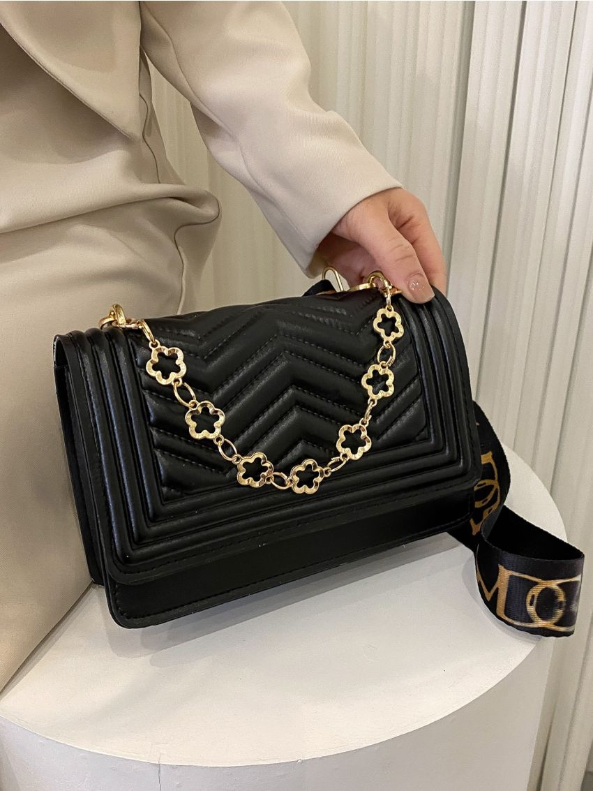Mini Chevron Pattern Floral Chain Square Bag