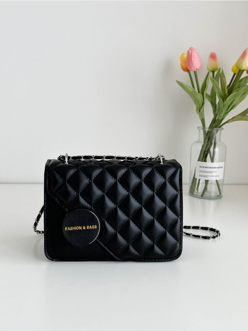 Mini Letter Graphic Quilted Detail Flap Chain Square Bag