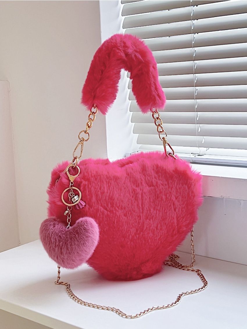 Heart Shaped Fluffy Novelty Bag With Bag Charm