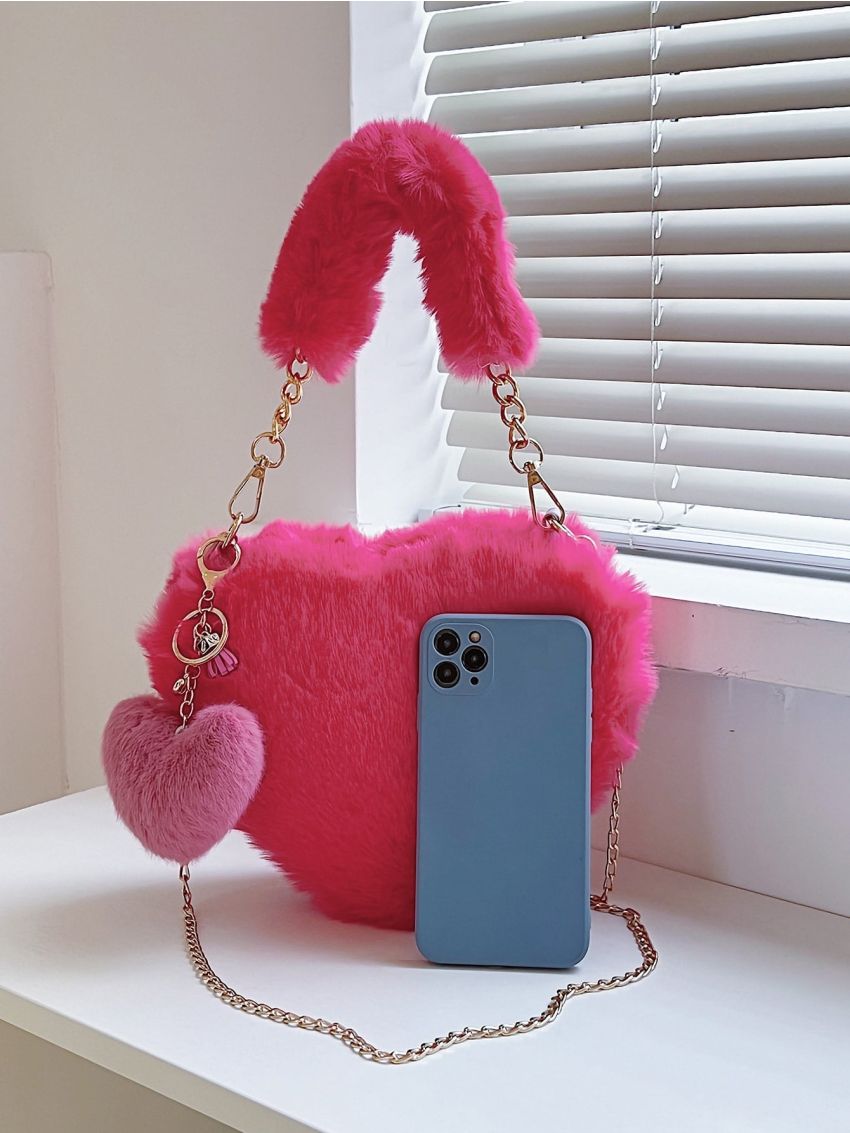 Heart Shaped Fluffy Novelty Bag With Bag Charm