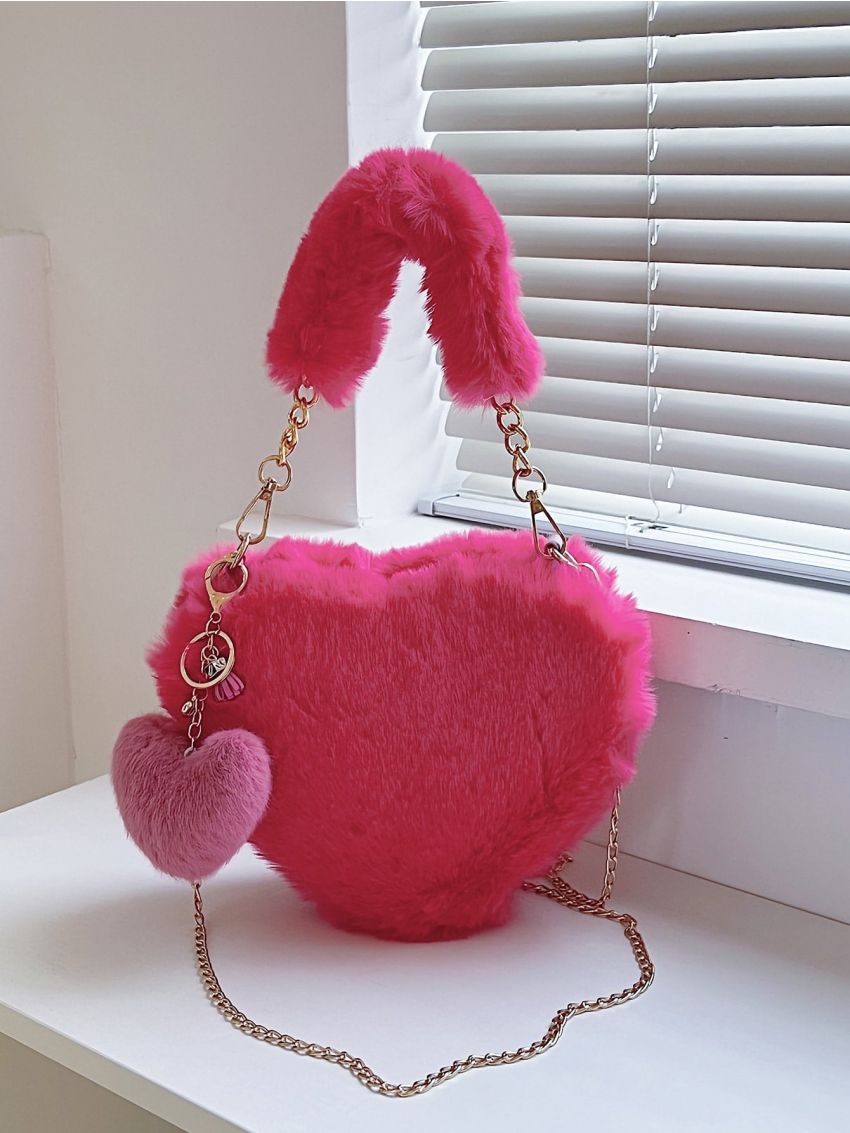 Heart Shaped Fluffy Novelty Bag With Bag Charm