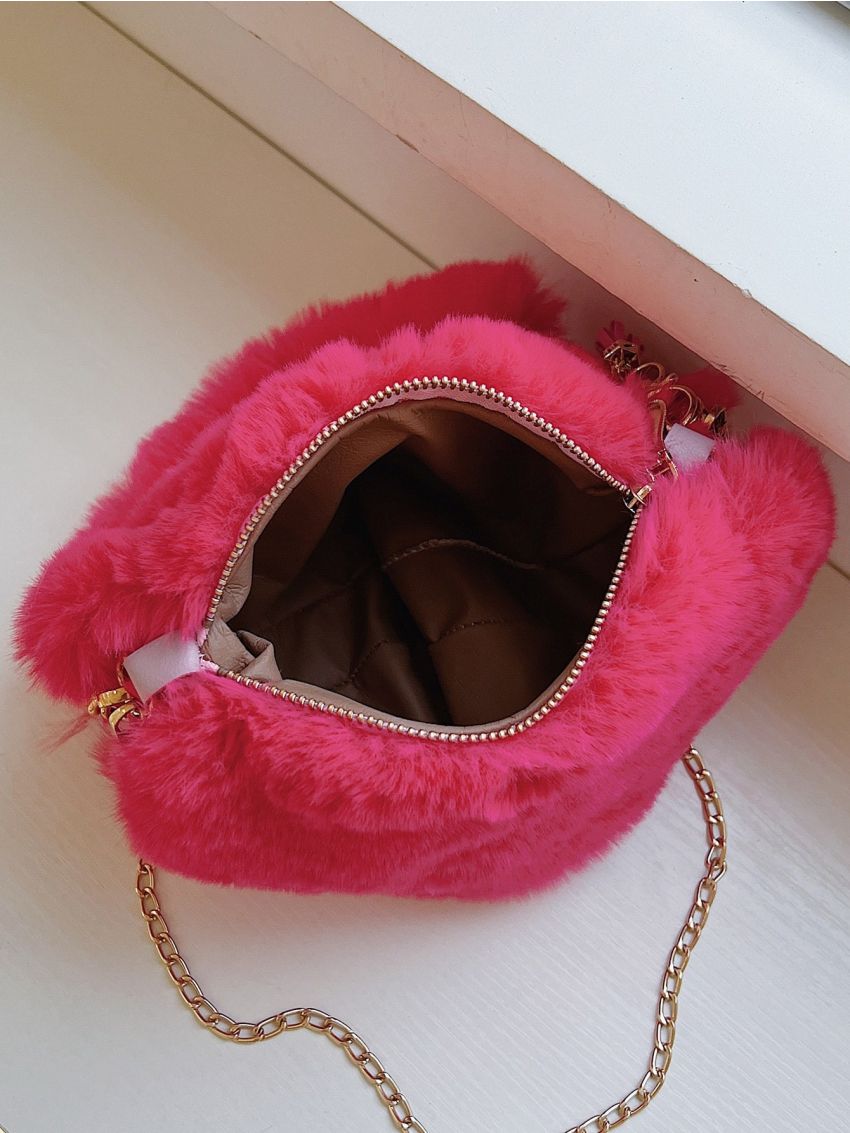 Heart Shaped Fluffy Novelty Bag With Bag Charm