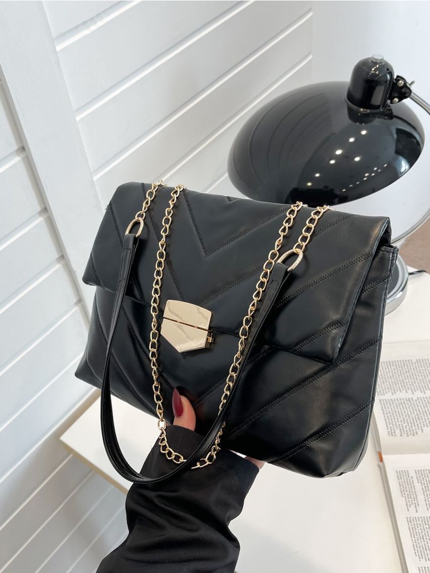 Chevron Detail Metal Lock Flap Chain Shoulder Tote Bag