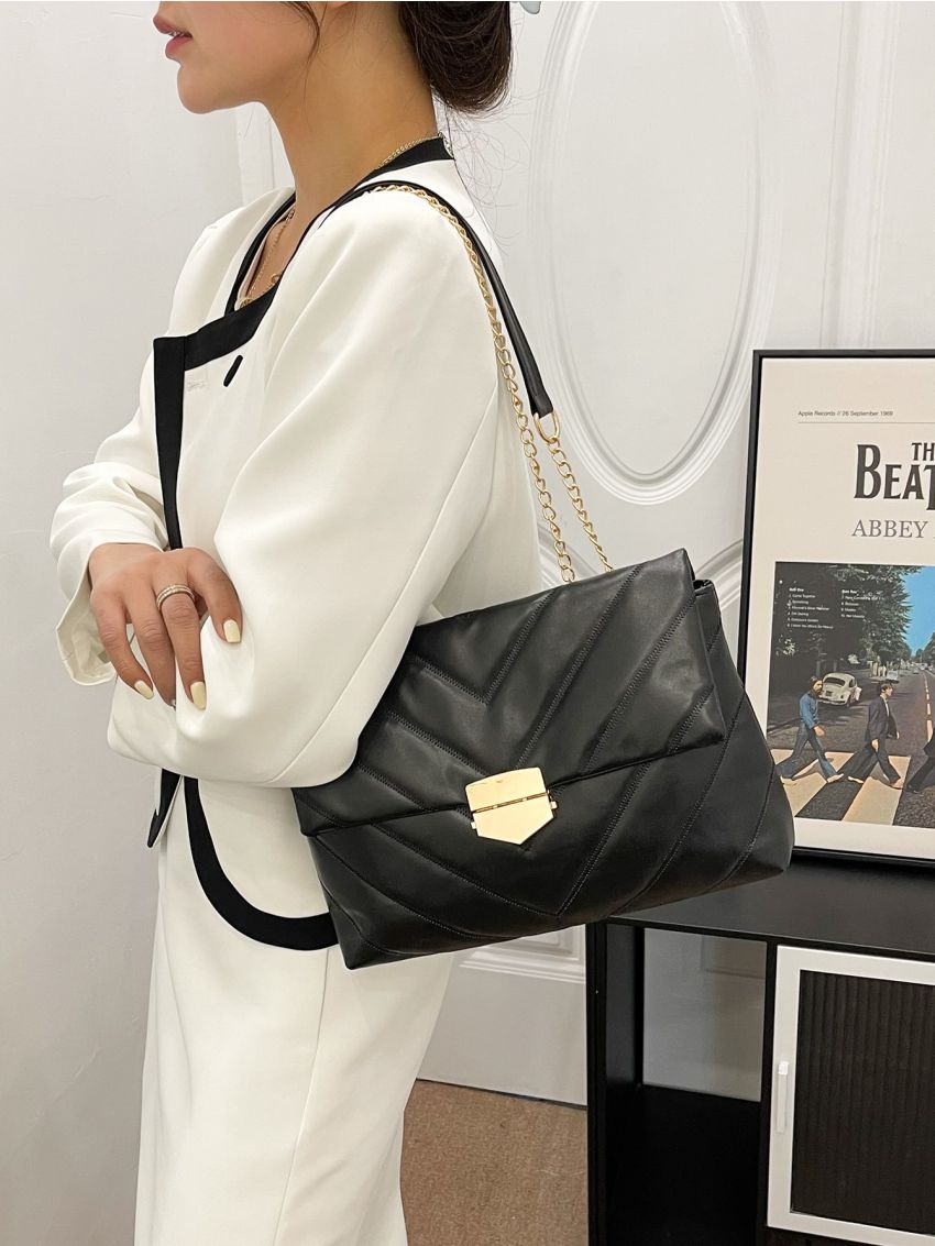 Chevron Detail Metal Lock Flap Chain Shoulder Tote Bag