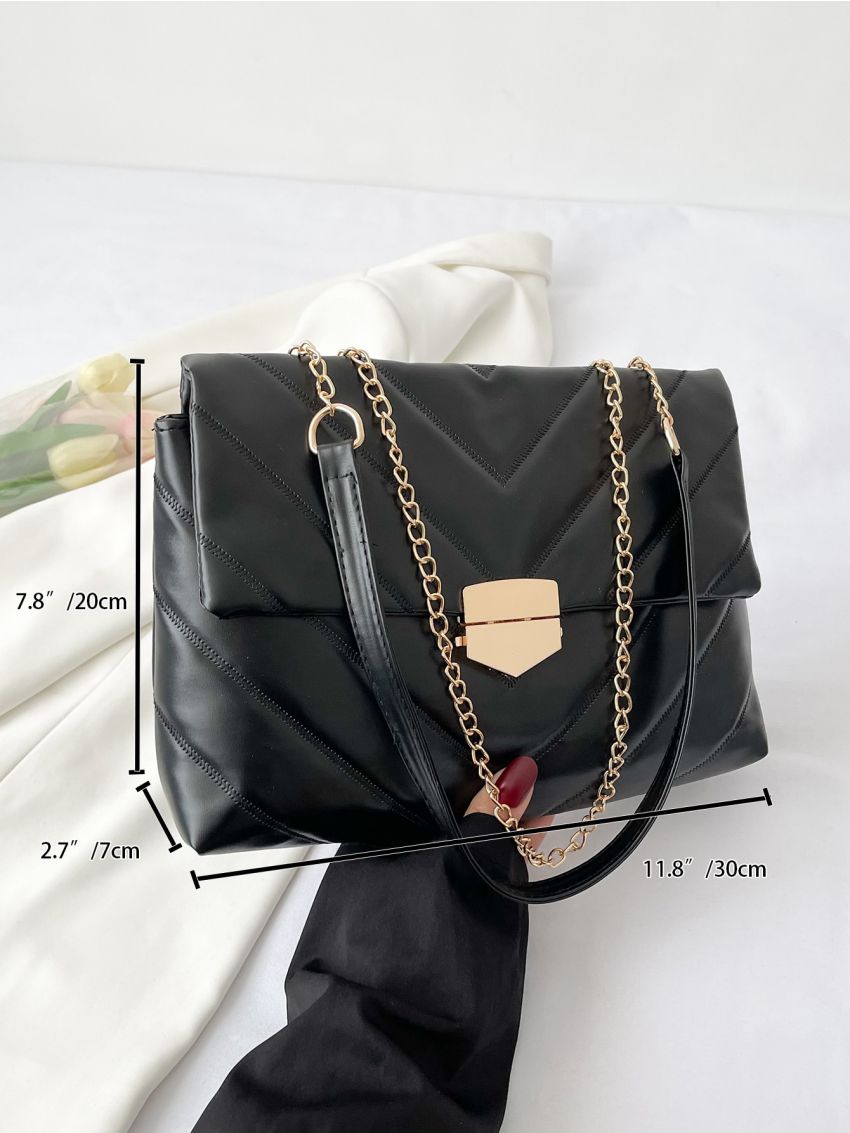 Chevron Detail Metal Lock Flap Chain Shoulder Tote Bag