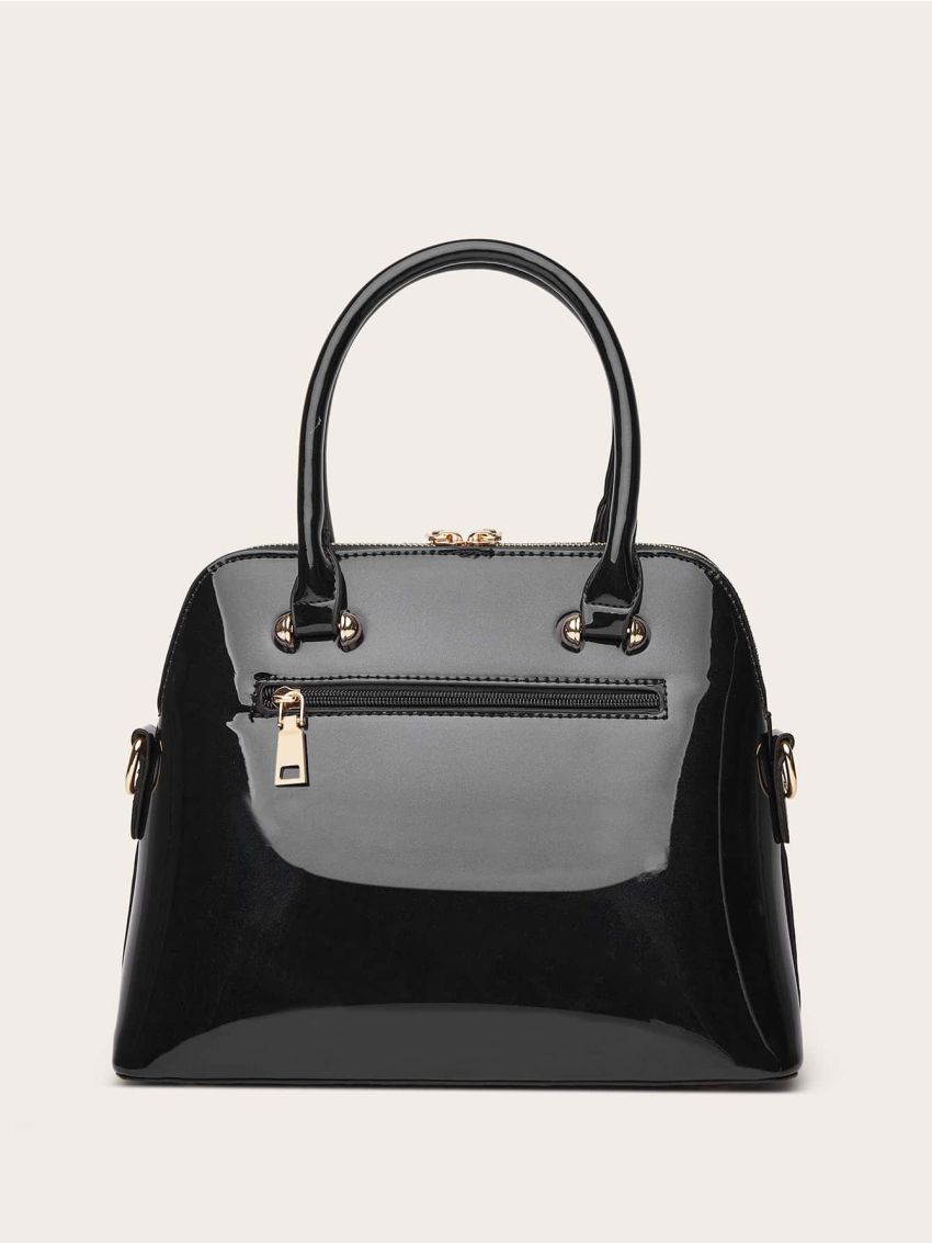 Artificial Patent Leather Dome Bag Black Double Handle Zipper