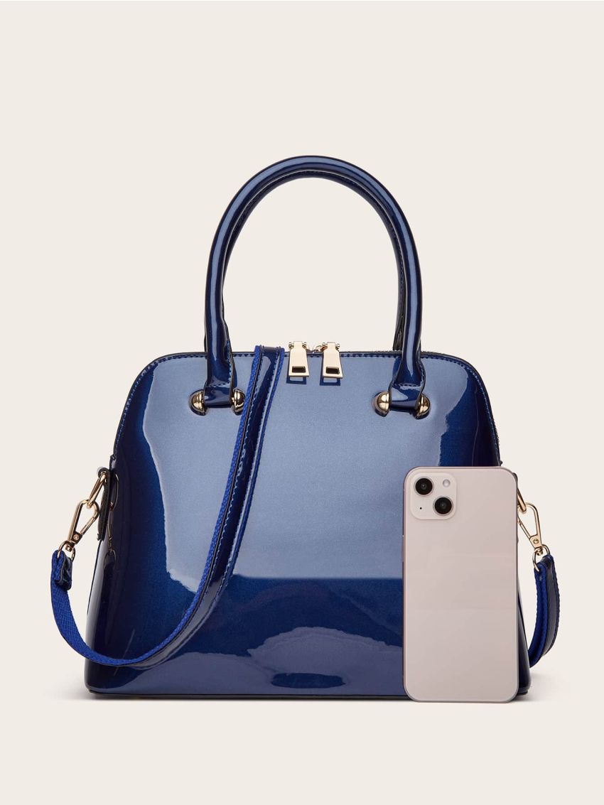 Artificial Patent Leather Dome Bag Green Double Handle Zipper