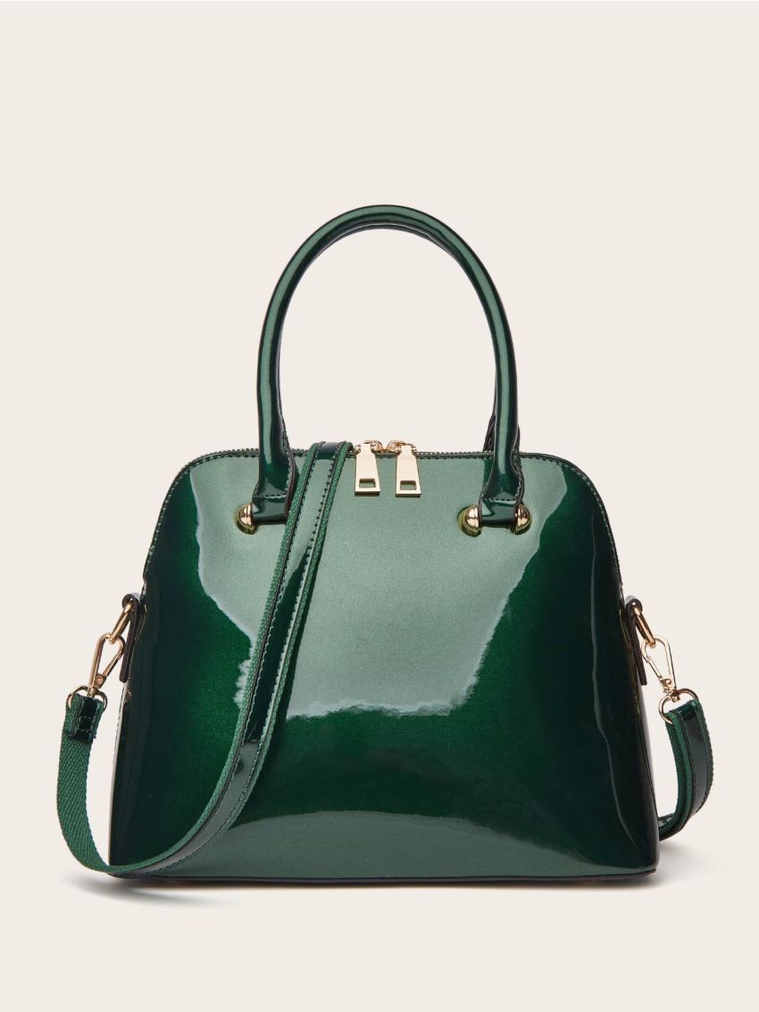 Artificial Patent Leather Dome Bag Green Double Handle Zipper