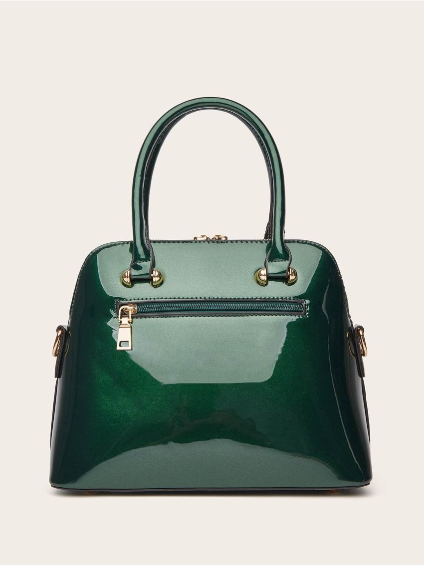 Artificial Patent Leather Dome Bag Green Double Handle Zipper