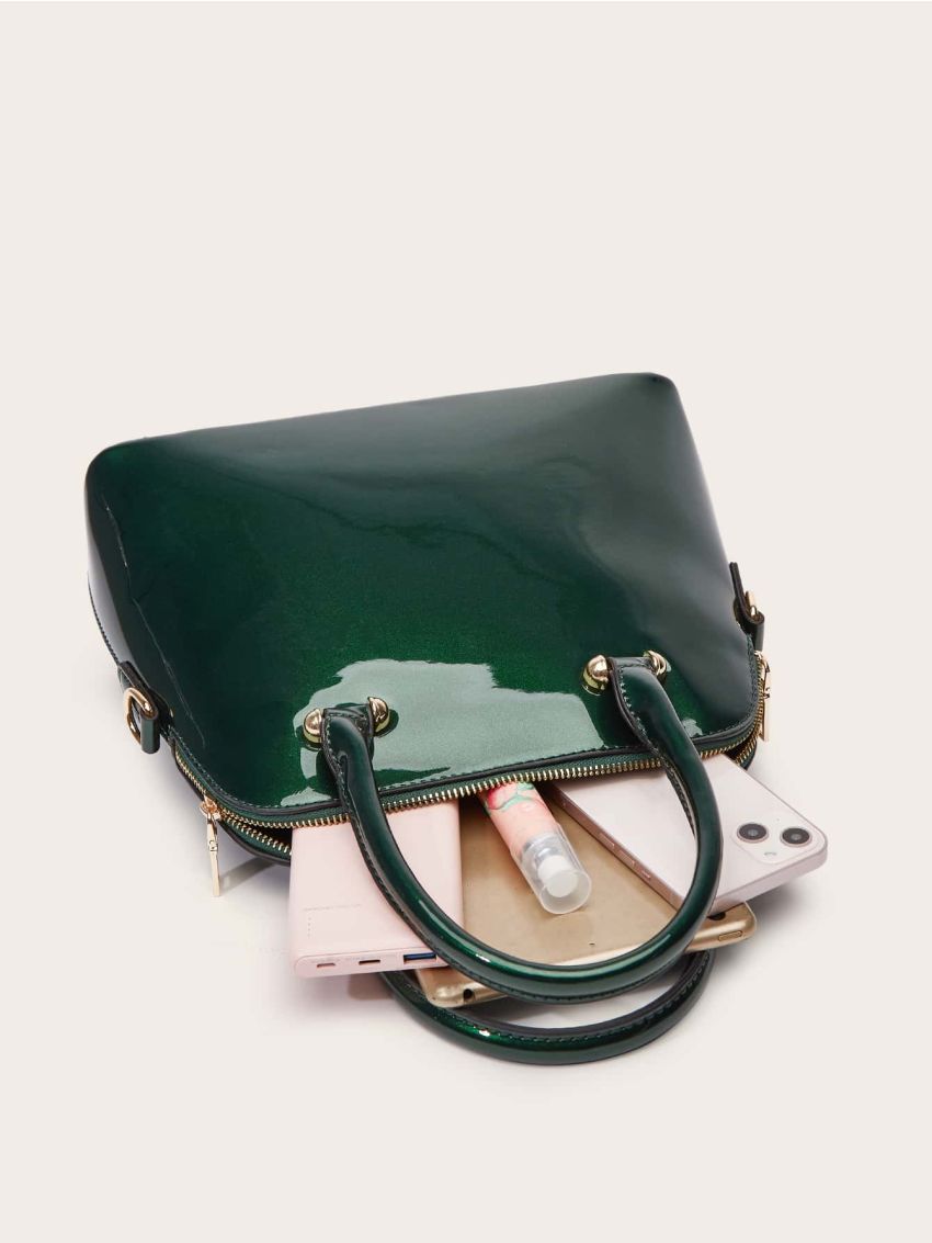 Artificial Patent Leather Dome Bag Green Double Handle Zipper