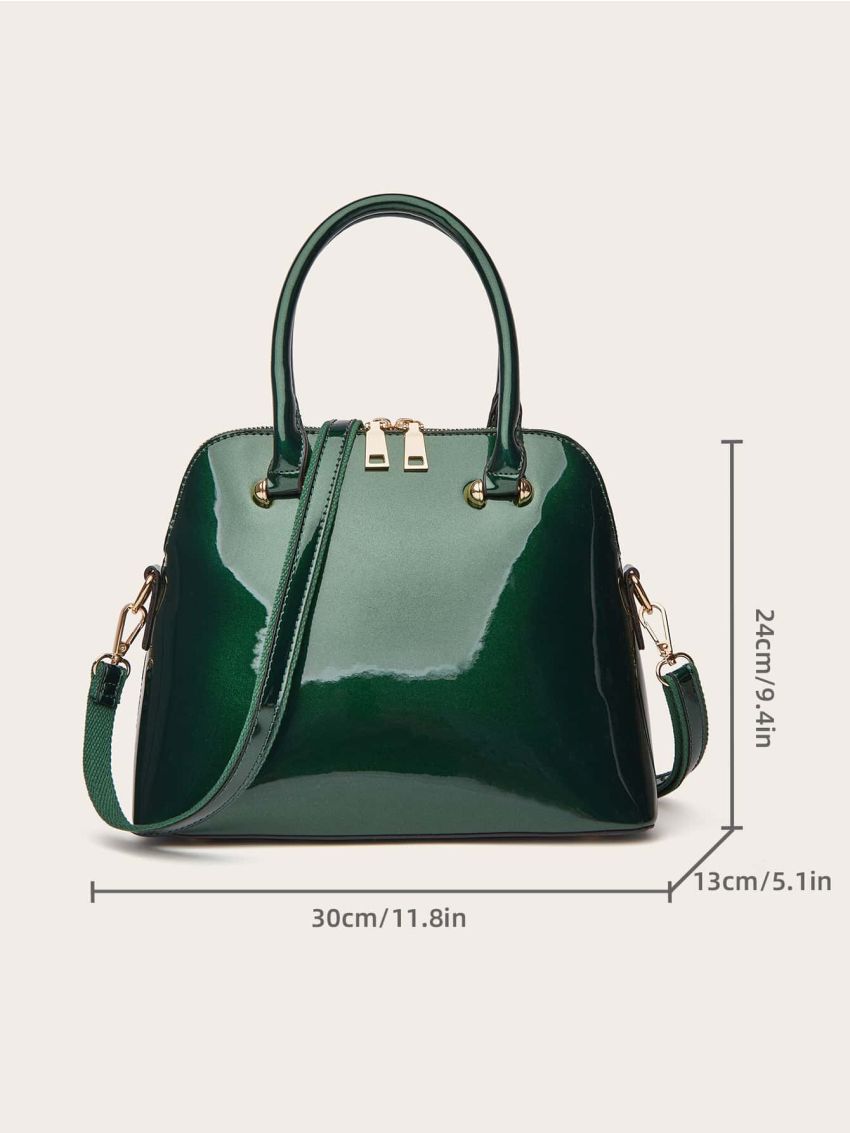 Artificial Patent Leather Dome Bag Green Double Handle Zipper