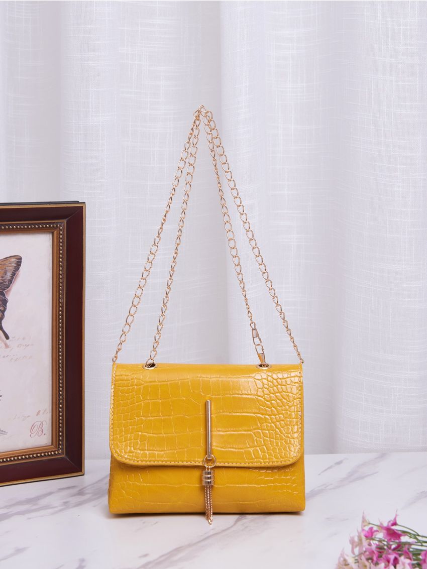 Crocodile Embossed Tassel Detail Chain Square Bag