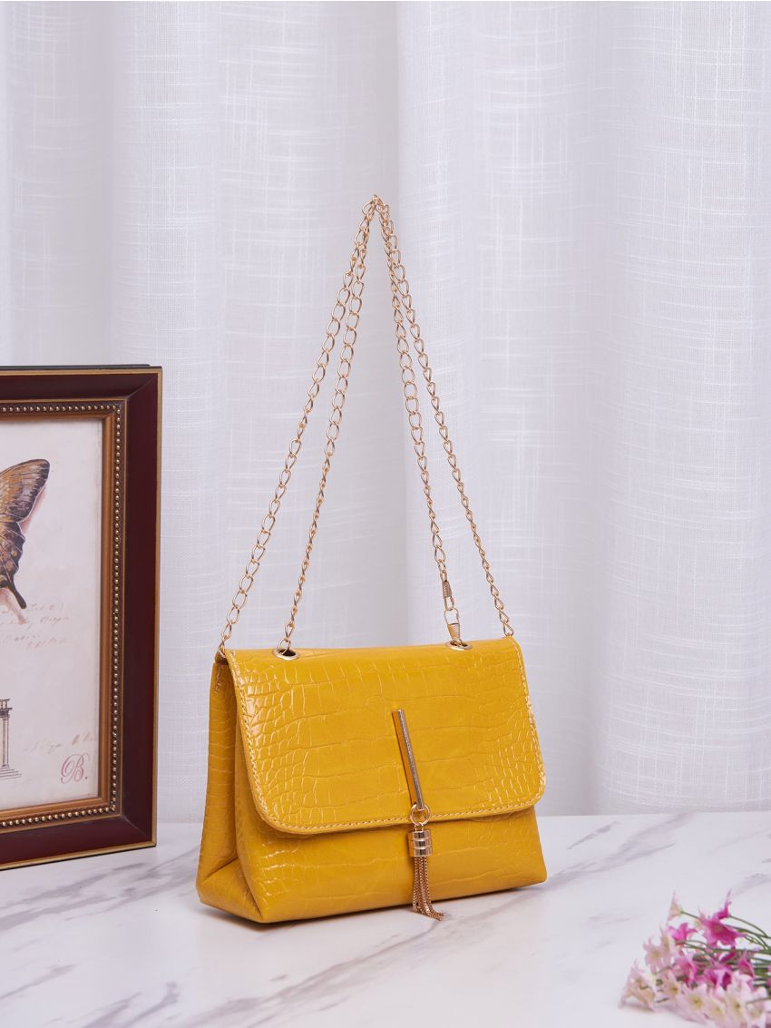 Crocodile Embossed Tassel Detail Chain Square Bag