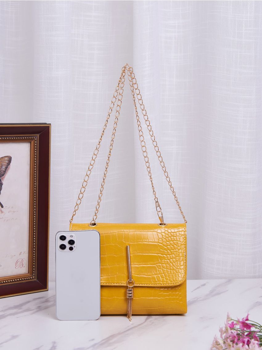 Crocodile Embossed Tassel Detail Chain Square Bag