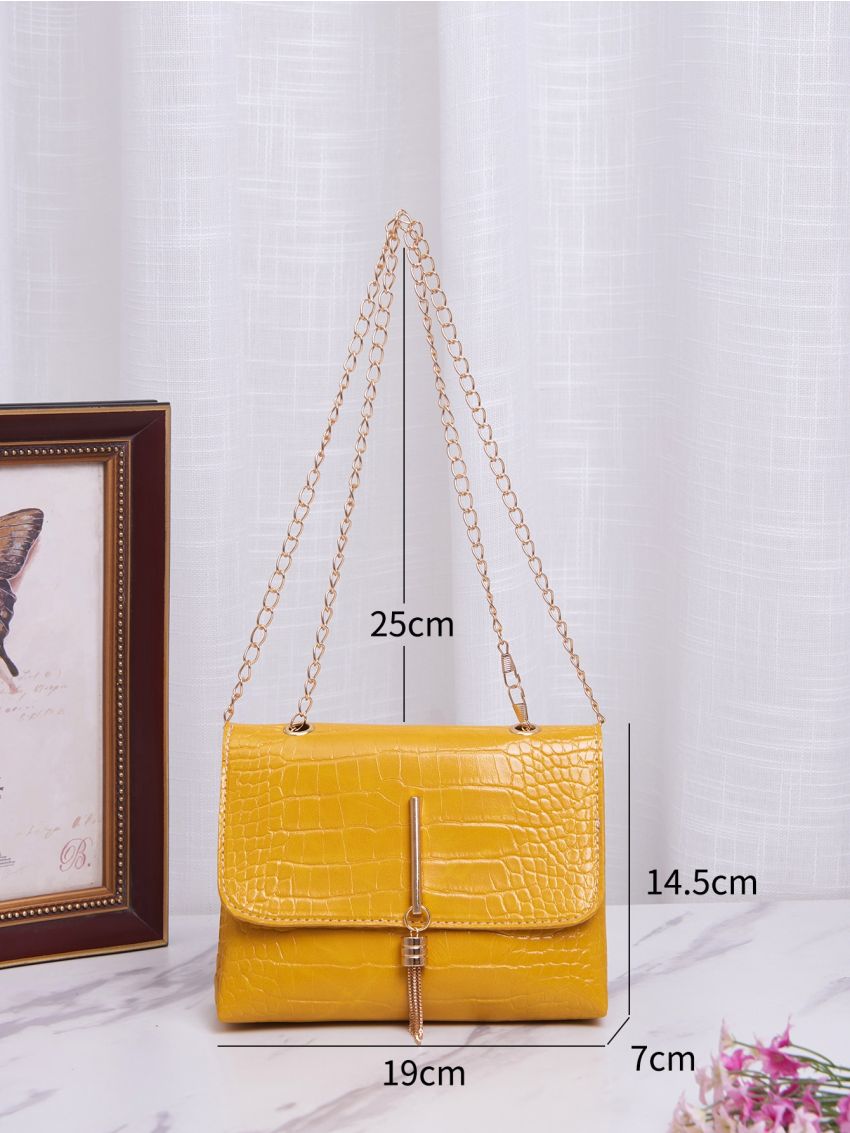 Crocodile Embossed Tassel Detail Chain Square Bag