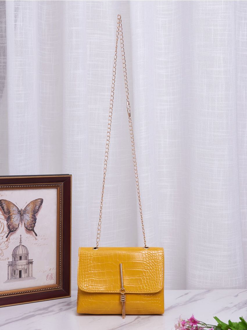 Crocodile Embossed Tassel Detail Chain Square Bag