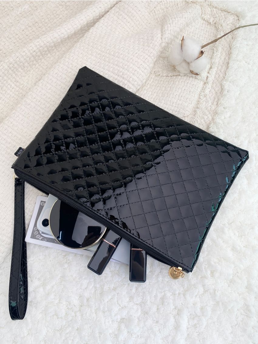 Holographic Quilted Detail Metal Decor Clutch Bag With Wristlet