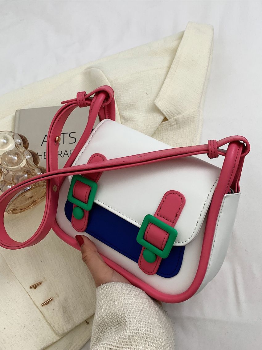 Mini Color Block Buckle Decor Flap Saddle Bag