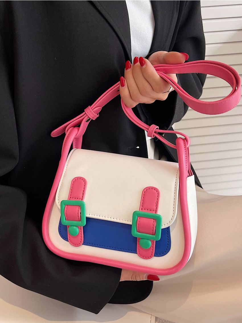 Mini Color Block Buckle Decor Flap Saddle Bag
