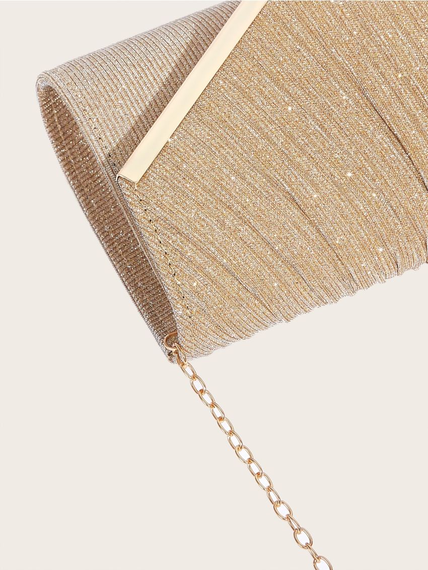 Glitter Evening Bag Metal Decor Pleated Detail Chain Strap