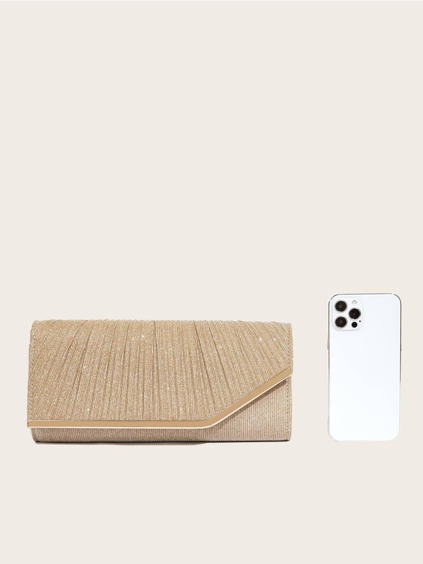 Glitter Evening Bag Metal Decor Pleated Detail Chain Strap