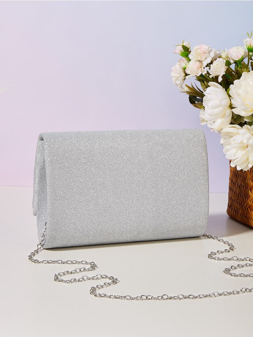 Glitter Decor Ruched Detail Chain Square Bag