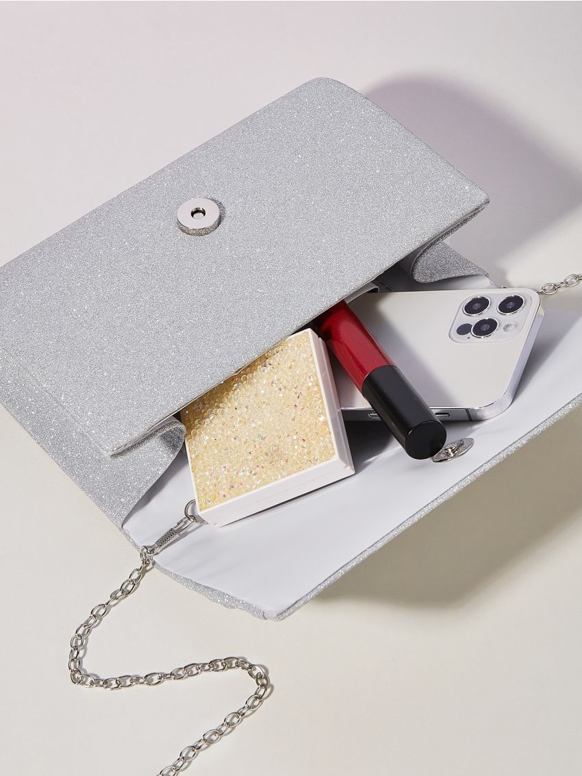 Glitter Decor Ruched Detail Chain Square Bag