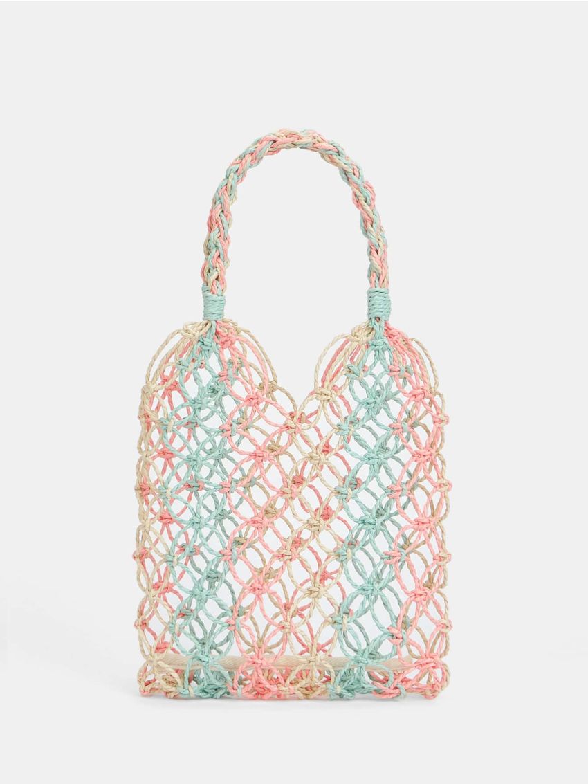 Colorblock Crochet Detail Straw Bag