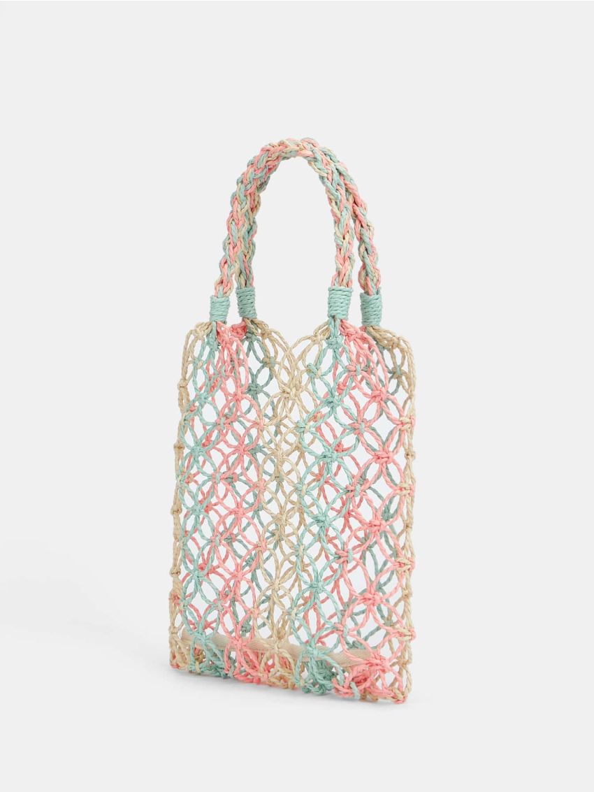Colorblock Crochet Detail Straw Bag