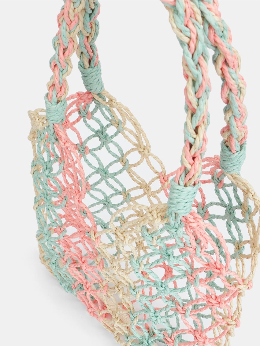 Colorblock Crochet Detail Straw Bag