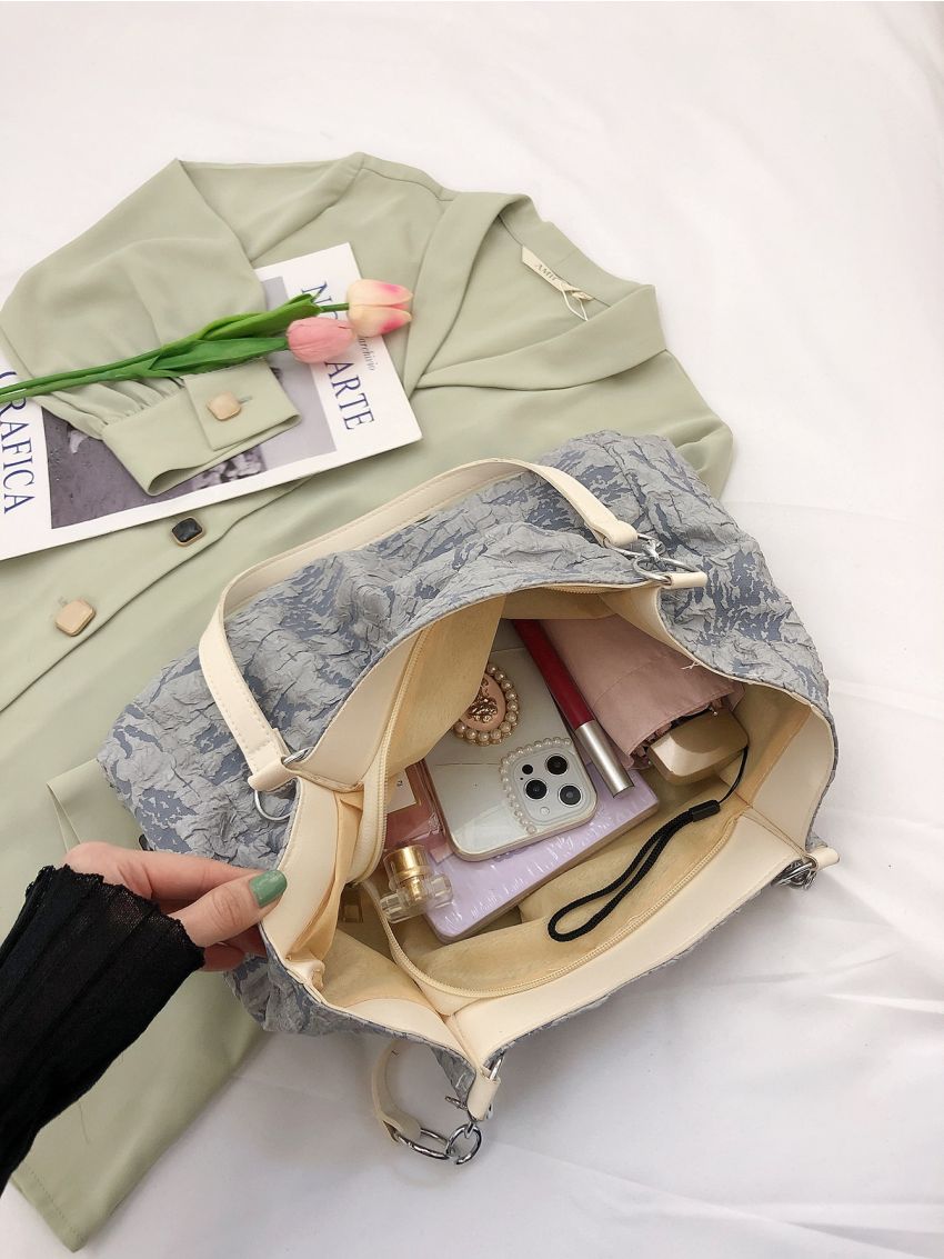 Jacquard Chain & Letter Patch Decor Shoulder Tote Bag