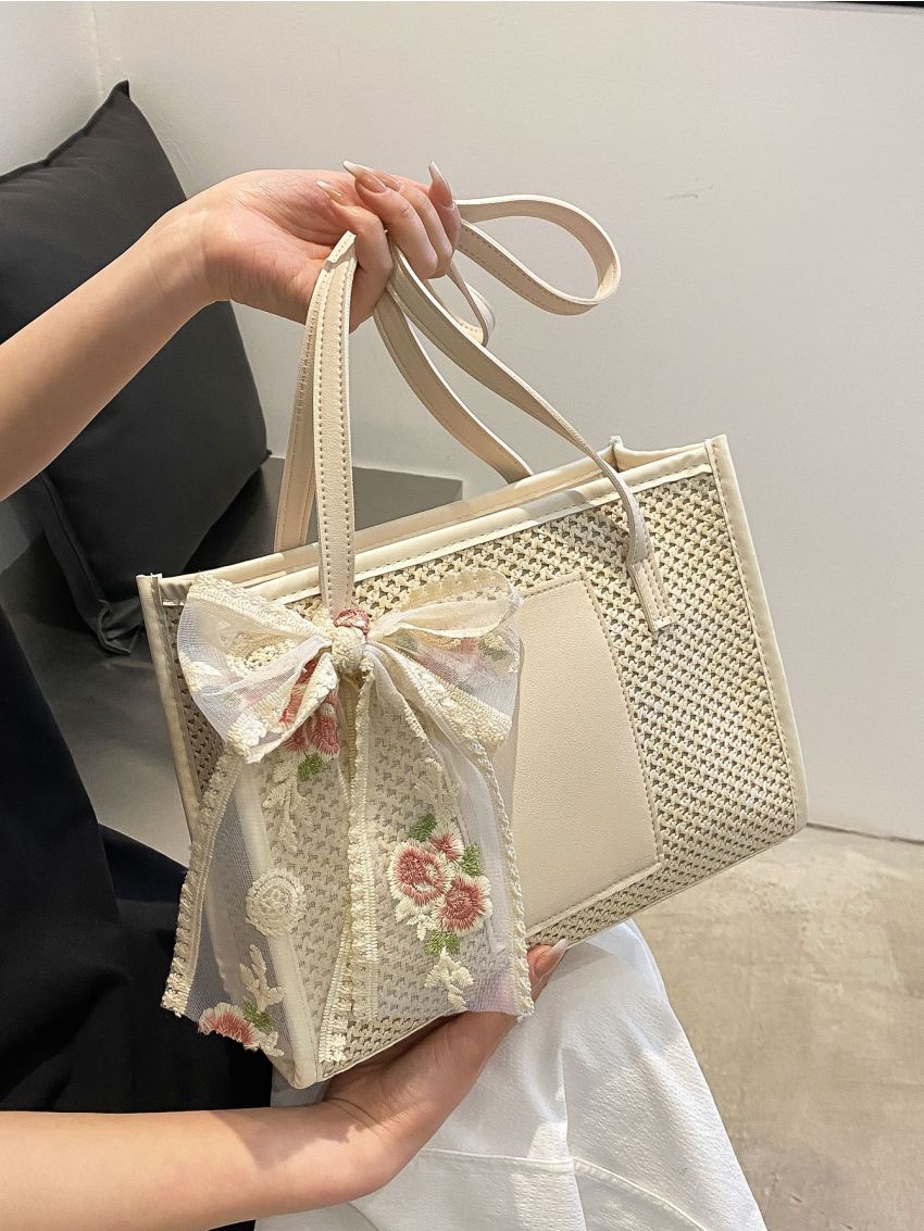Floral Embroidery Bow Decor Shoulder Tote Bag
