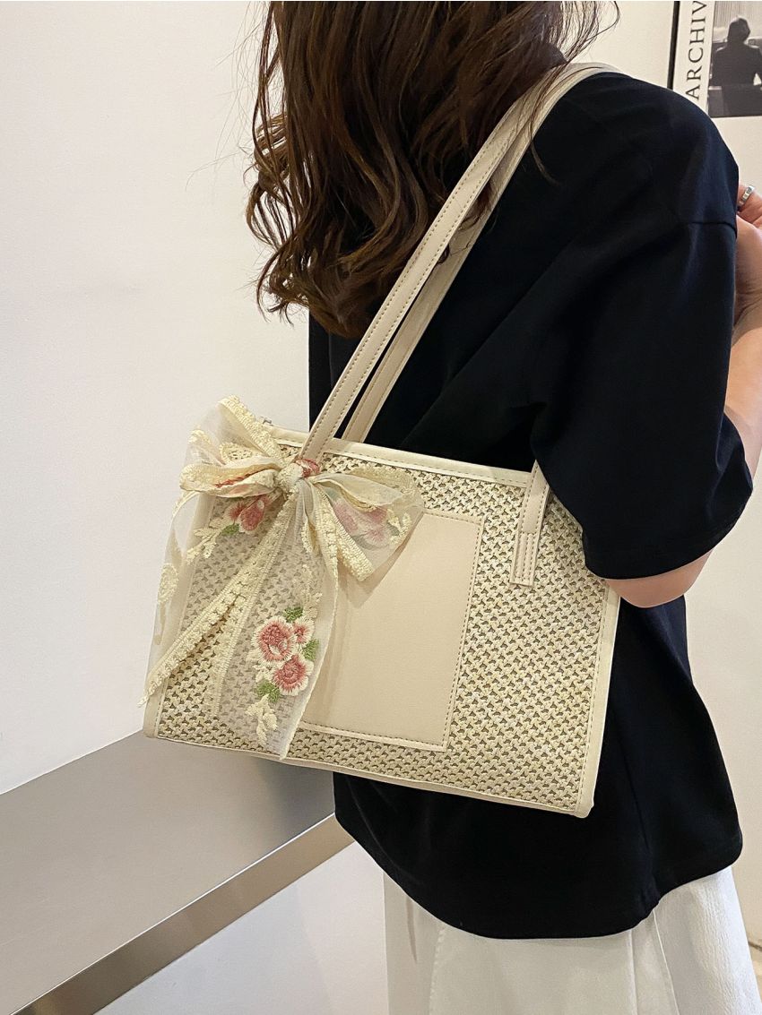 Floral Embroidery Bow Decor Shoulder Tote Bag