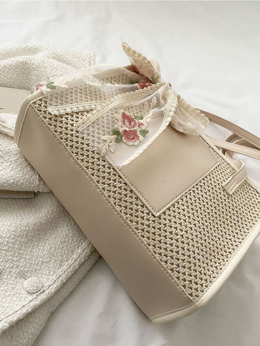 Floral Embroidery Bow Decor Shoulder Tote Bag