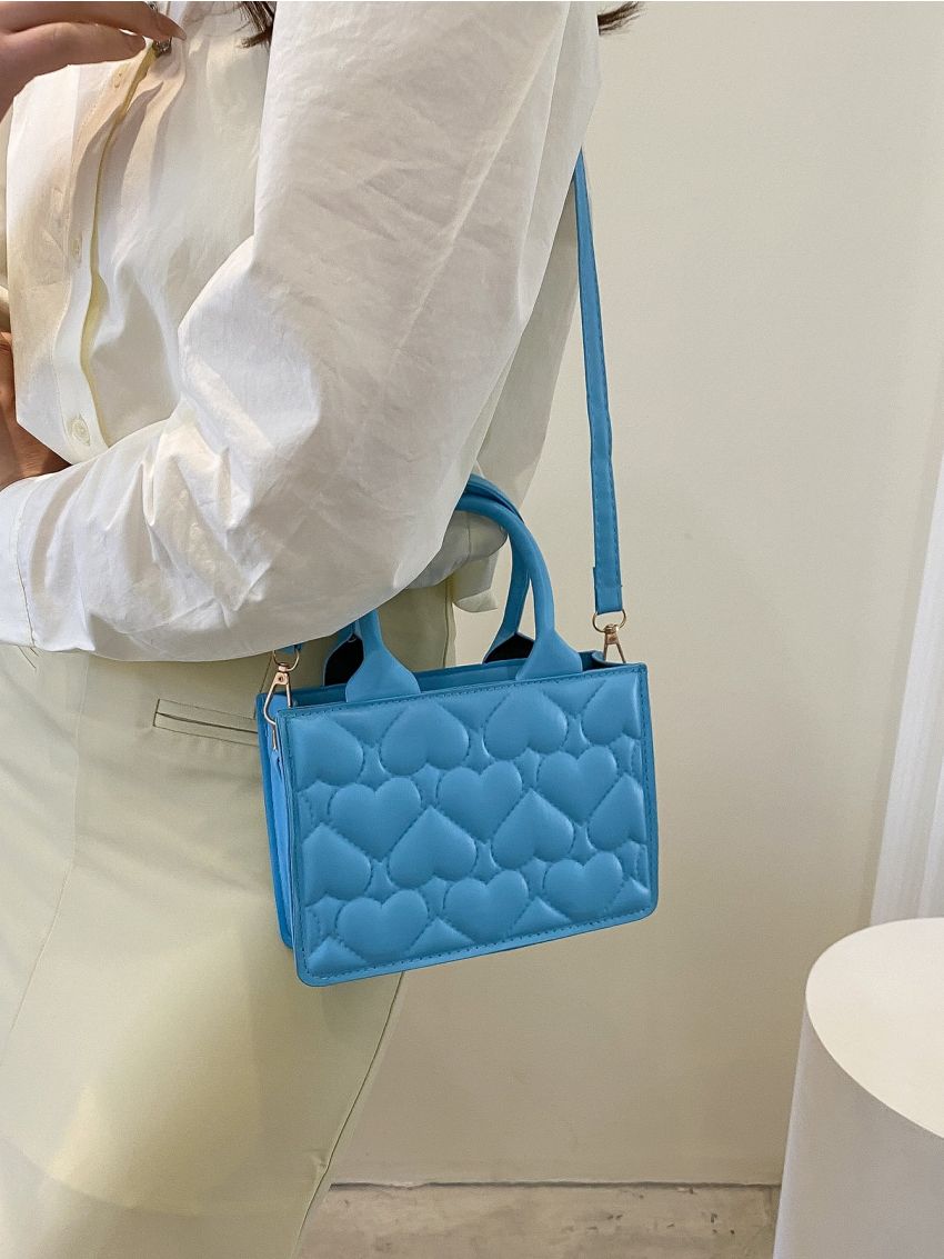 Mini Heart Quilted Double Handle Square Bag