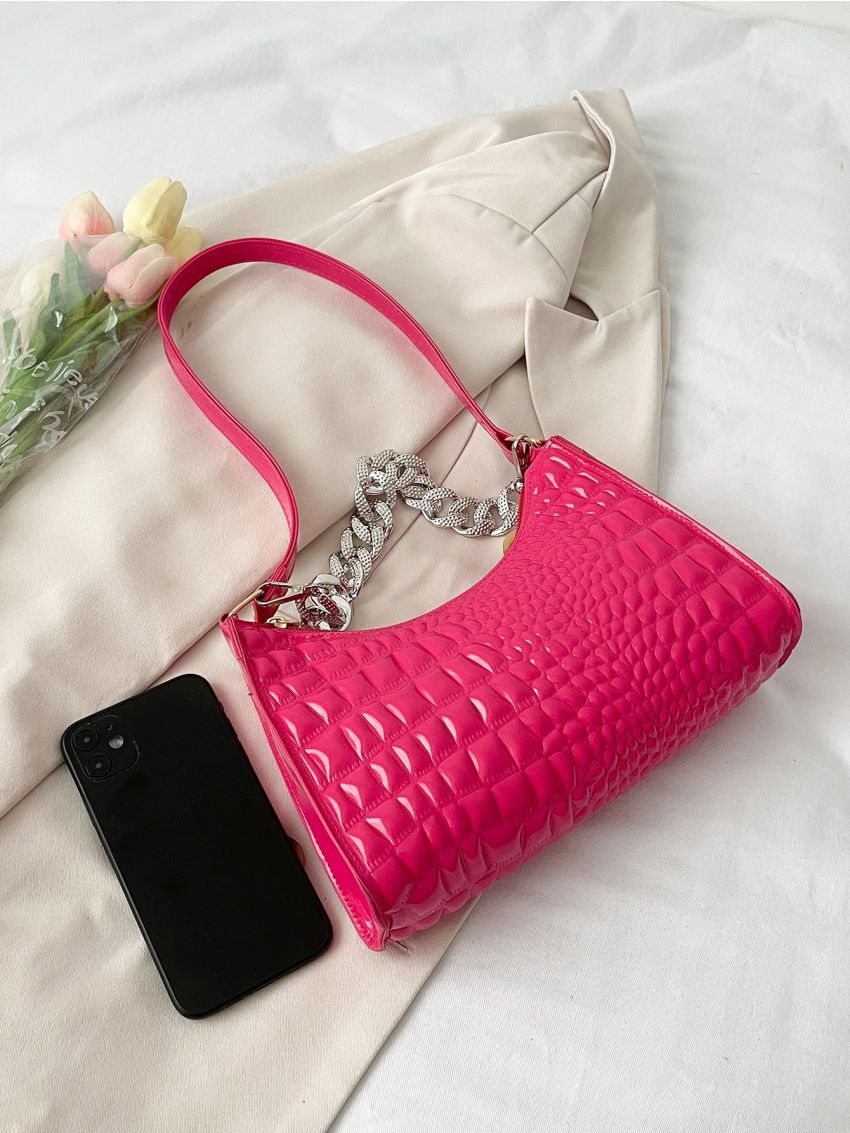 Crocodile Embossed Artificial Patent Leather Baguette Bag