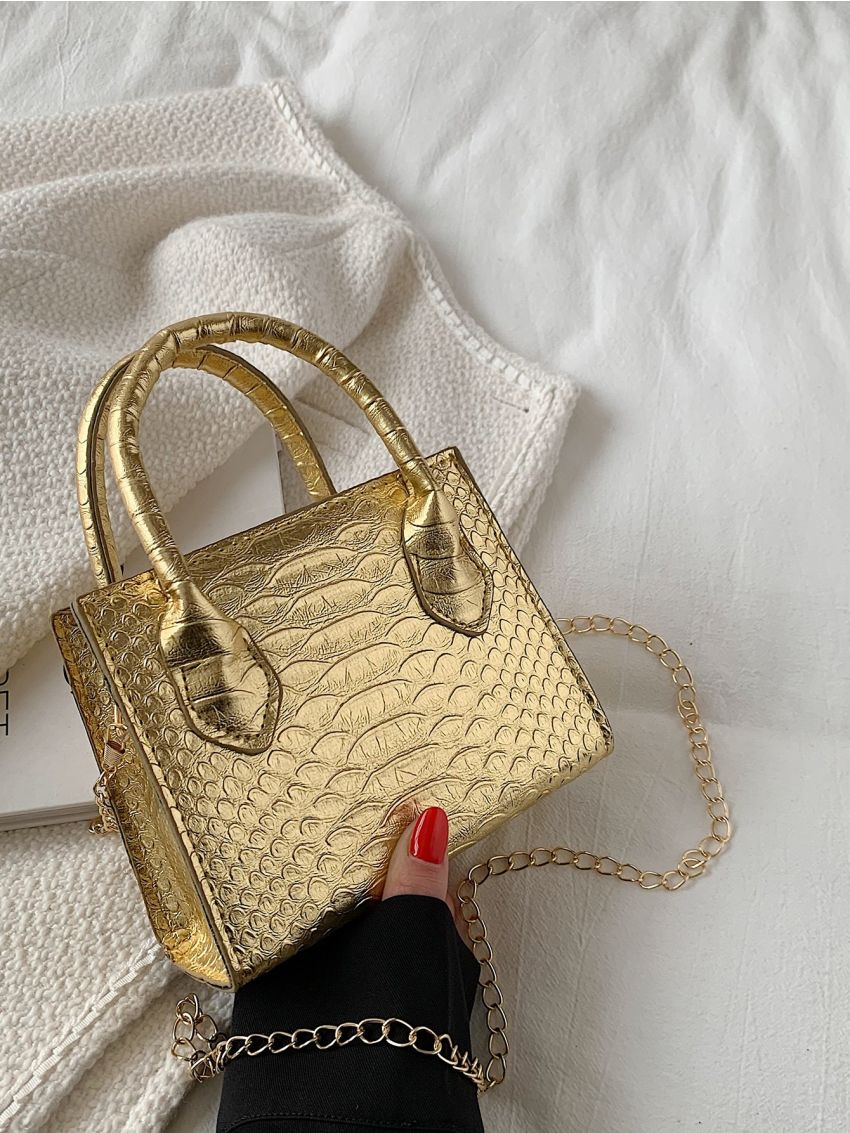 Mini Metallic Snakeskin Embossed Chain Square Bag