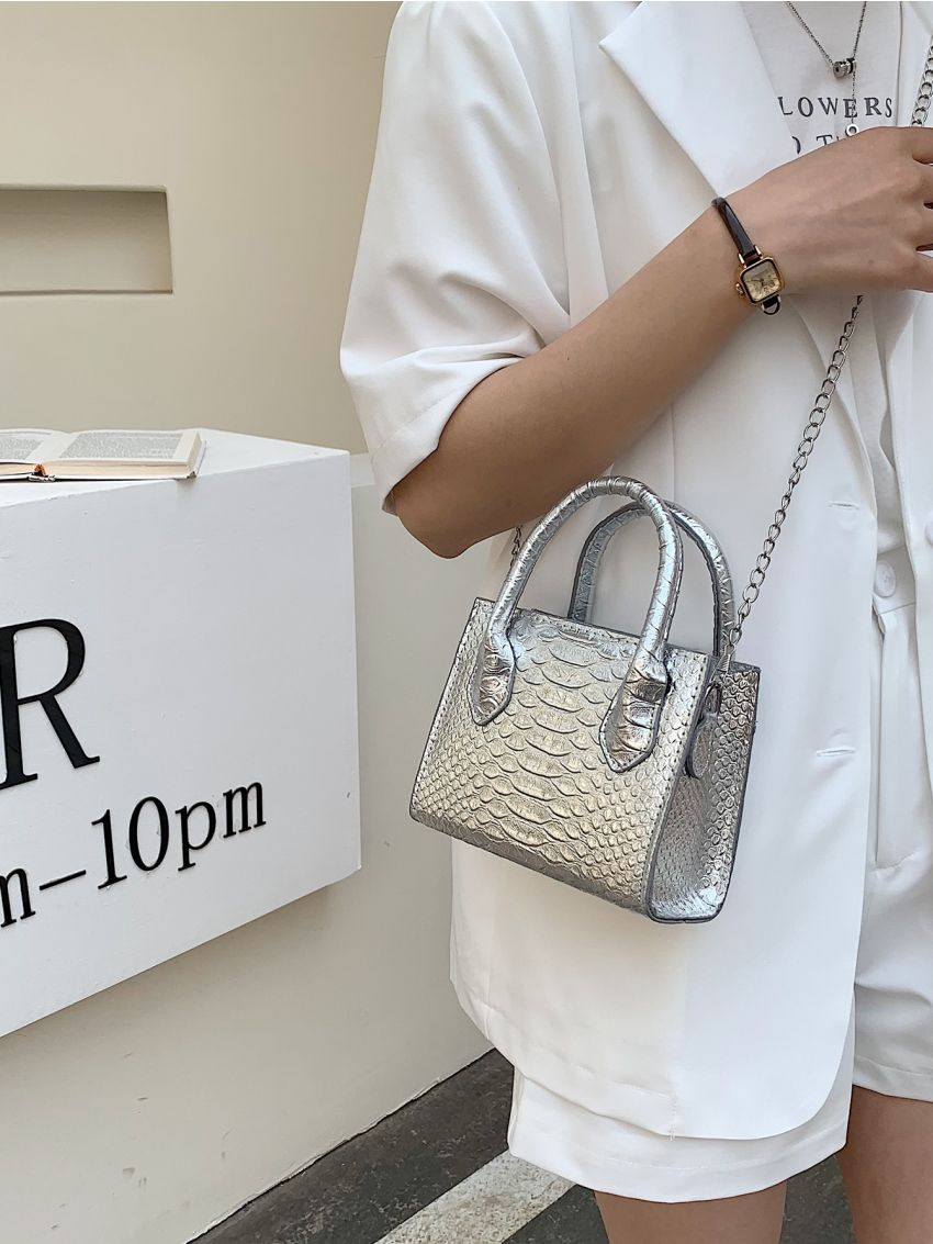 Mini Metallic Snakeskin Embossed Hobo Bag