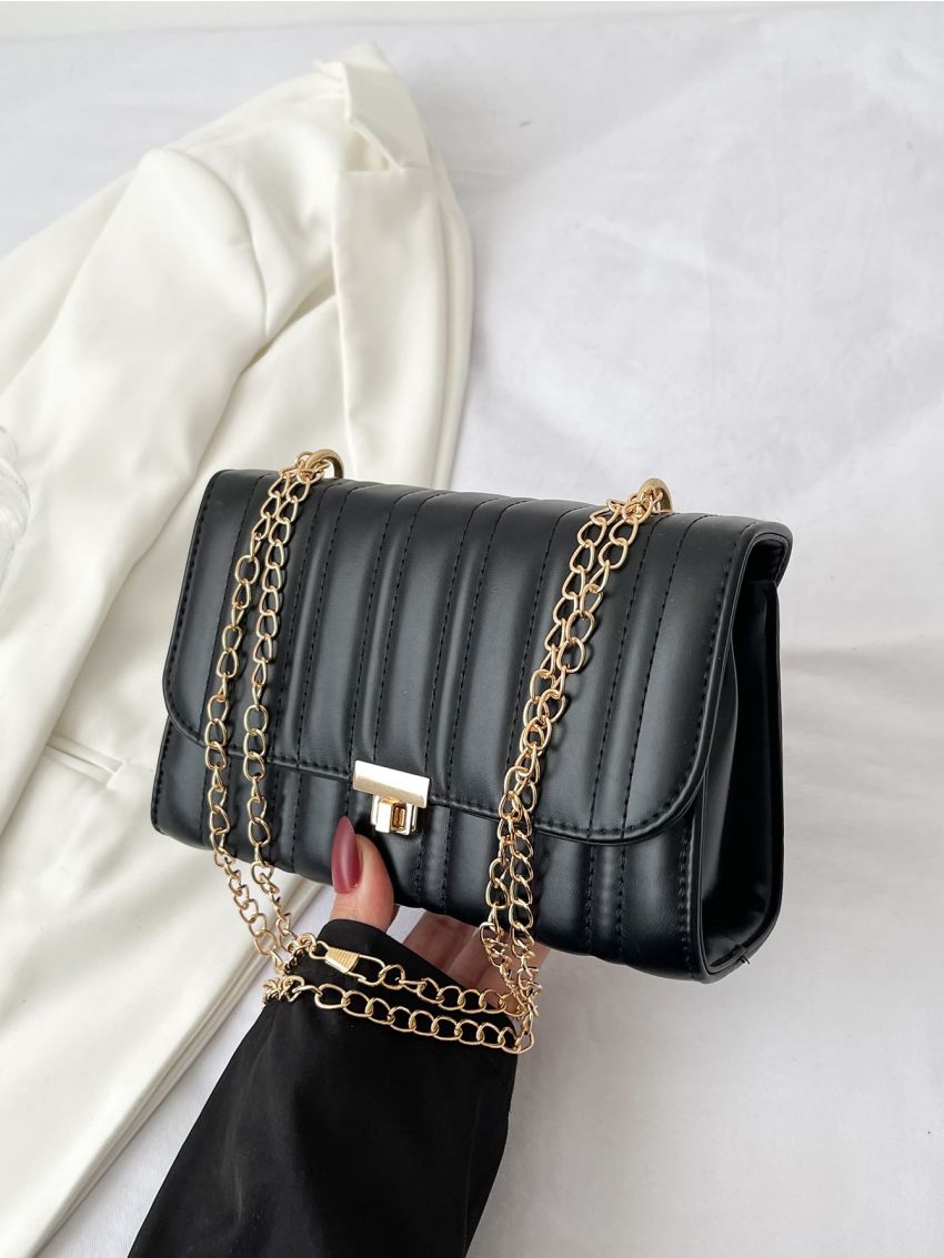 Quilted Twist Lock Chain Flap Square Bag