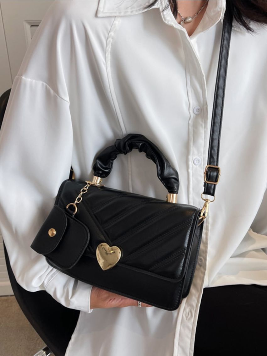 Quilted Metal Heart Decor Square Bag With Coin Purse